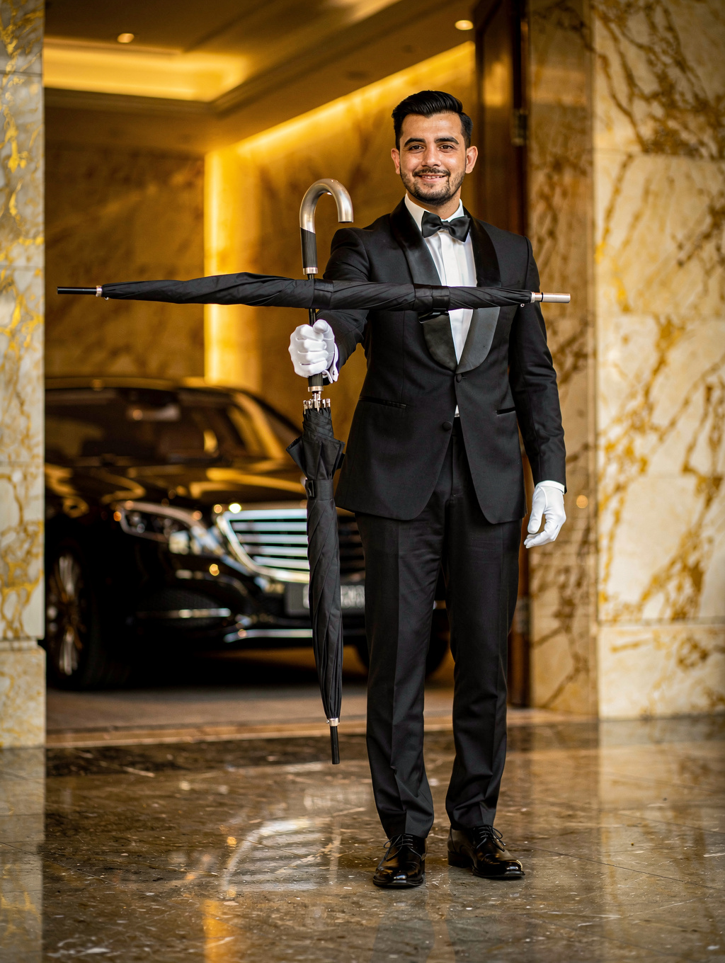 Elite chauffeur providing concierge service with an umbrella