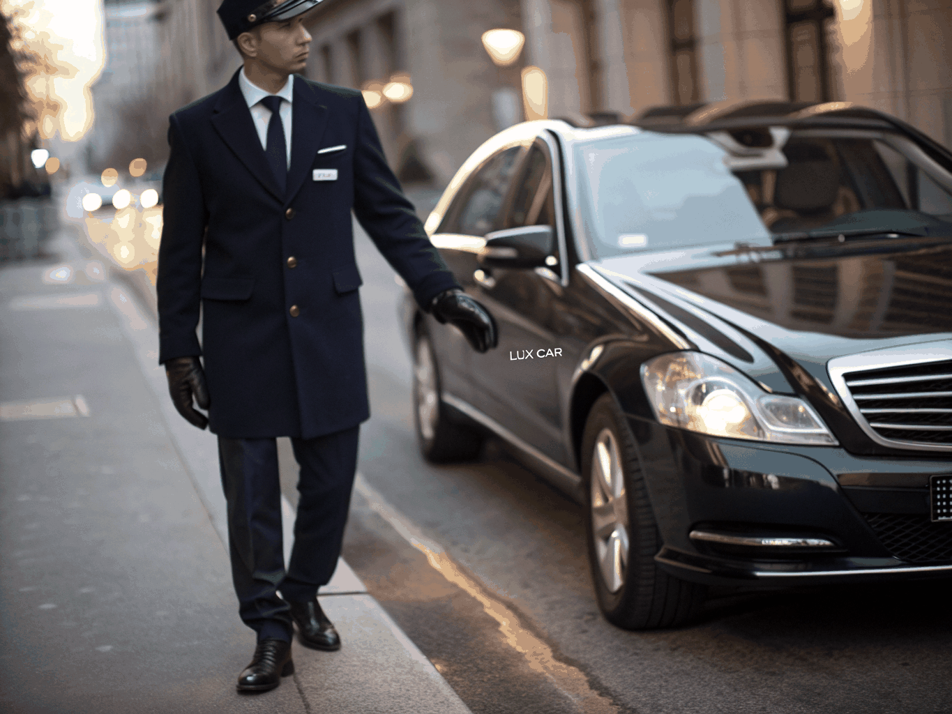 Professional chauffeur standing by a luxury SUV