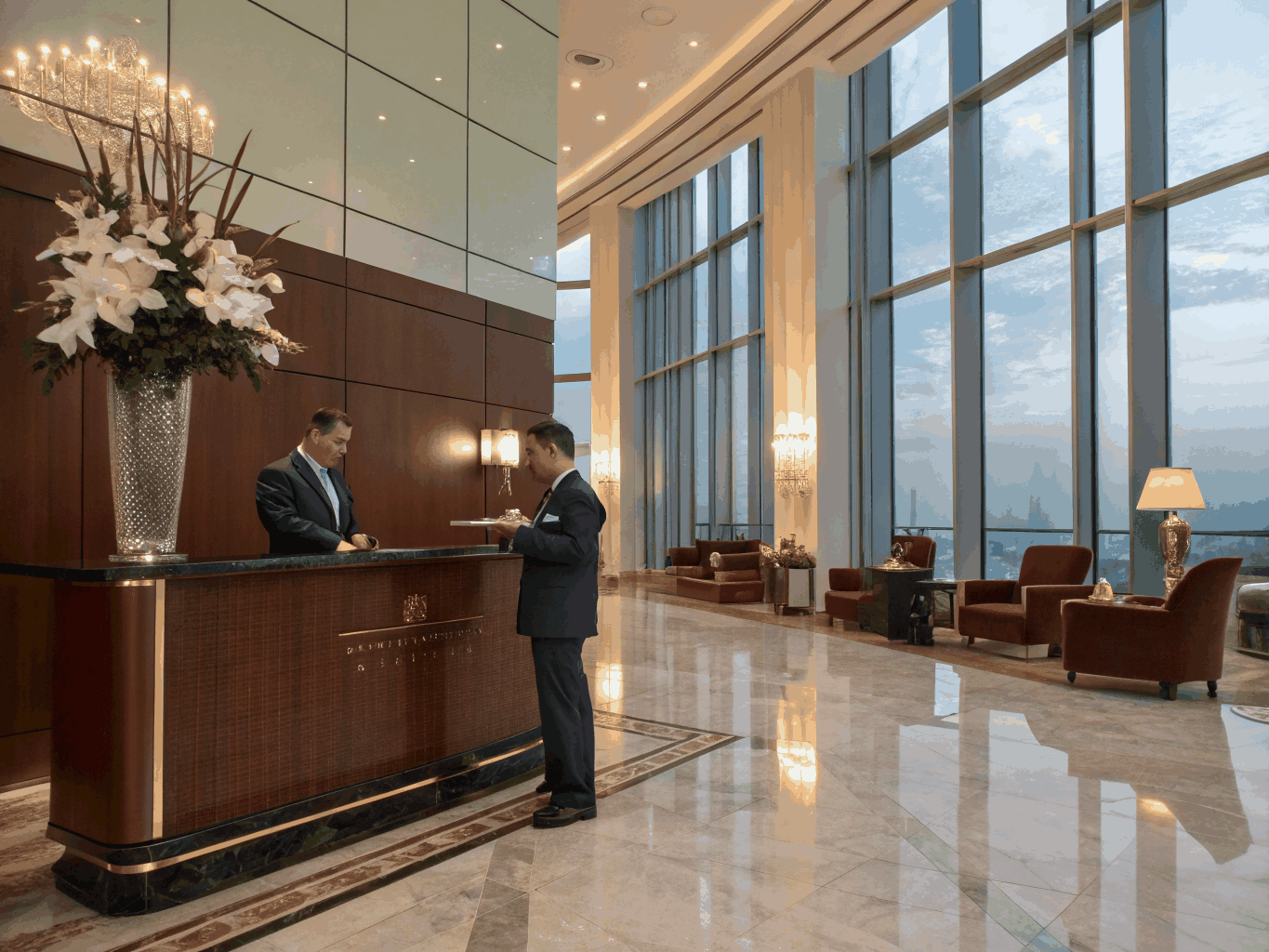 Luxury hotel lobby with concierge desk